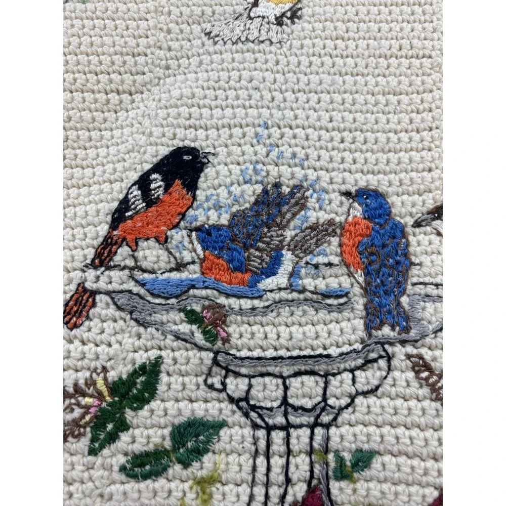 Handmade Colorful Birds Cream Crochet Knit Afghan‎ Throw Blanket w/ Fringe 37x57